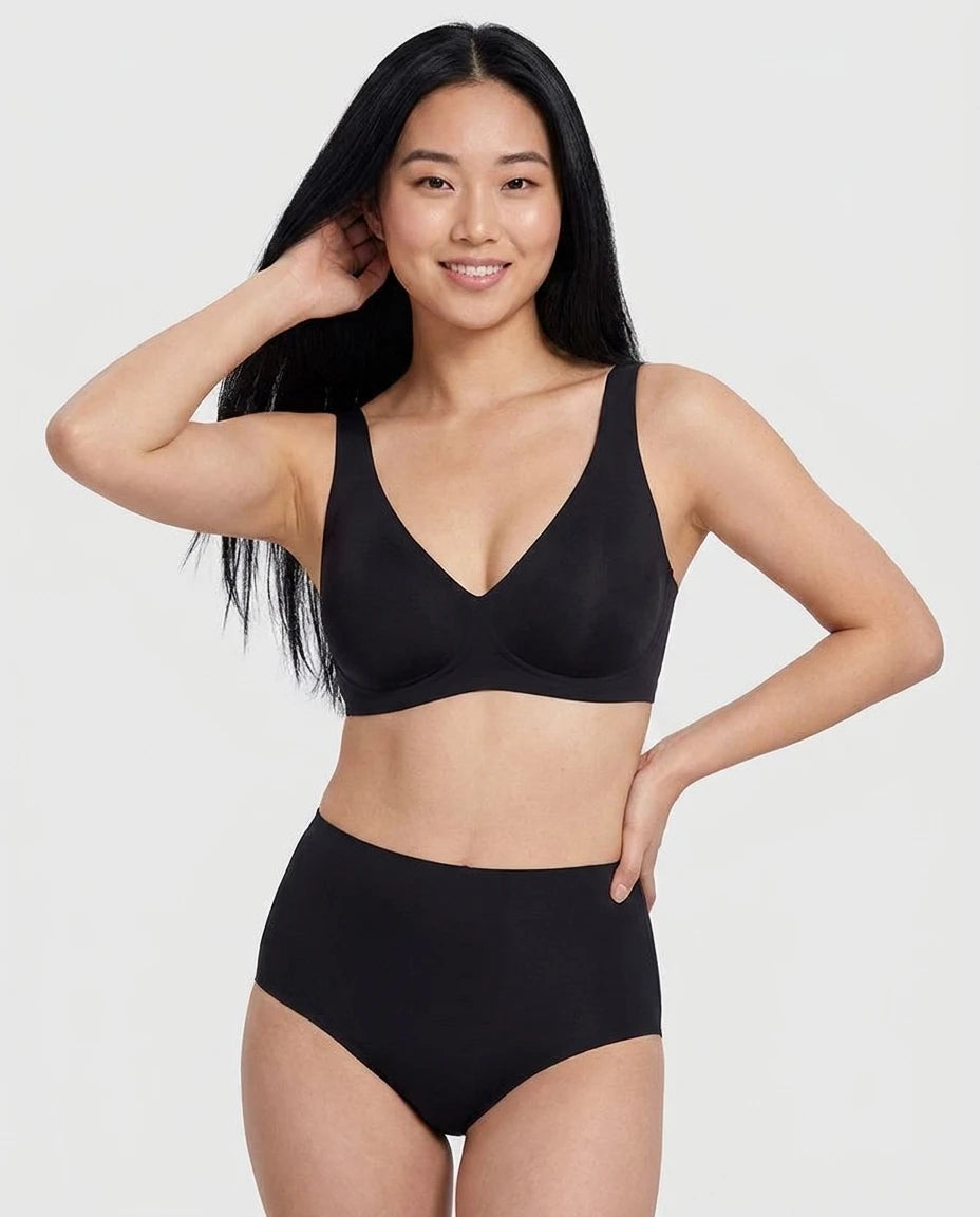 Seamless Deep-V Wireless Push-Up Bra - Black
