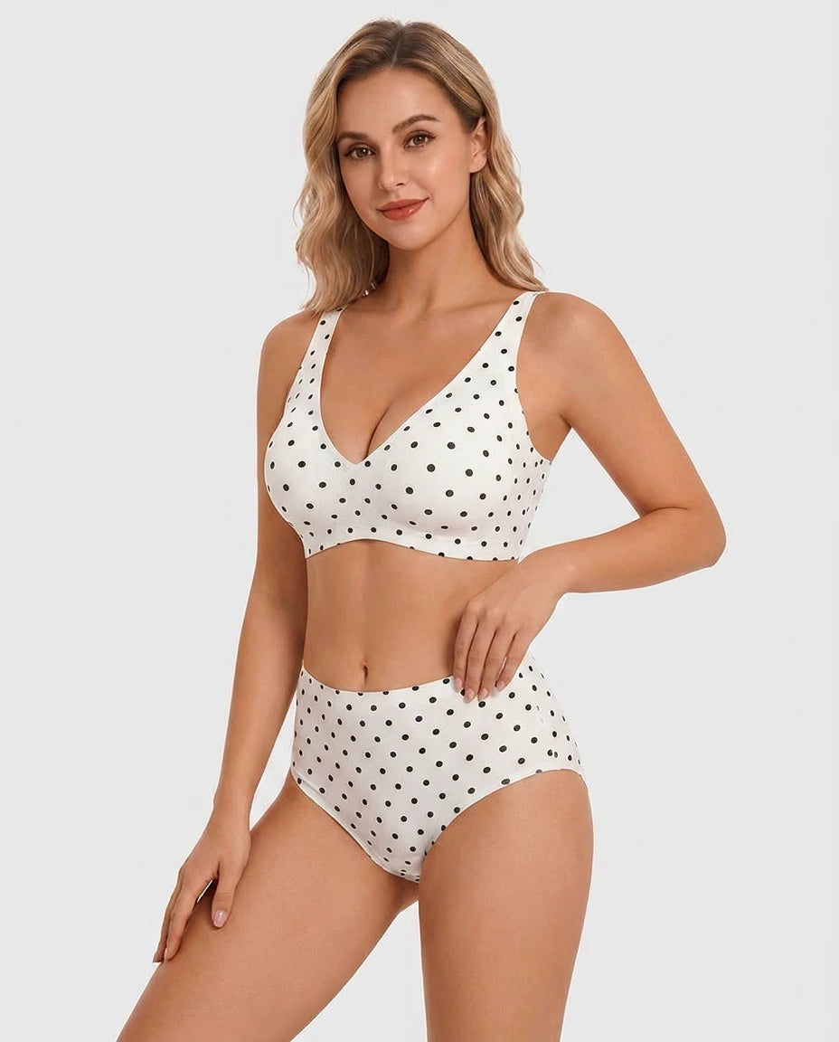 Seamless Deep-V Wireless Push-Up Bra - White Polka Dot