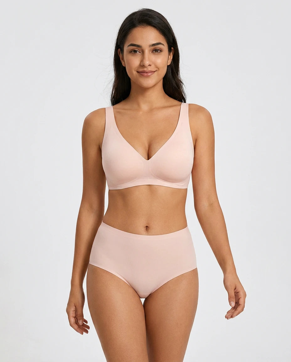 Seamless Deep-V Wireless Push-Up Bra - Nude Pink