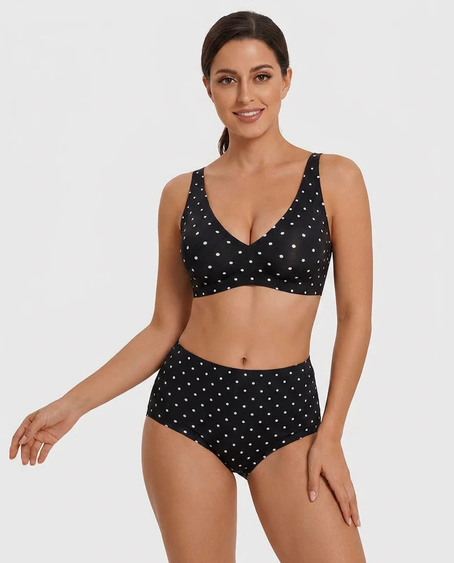 Seamless Deep-V Wireless Push-Up Bra - Black Polka Dot