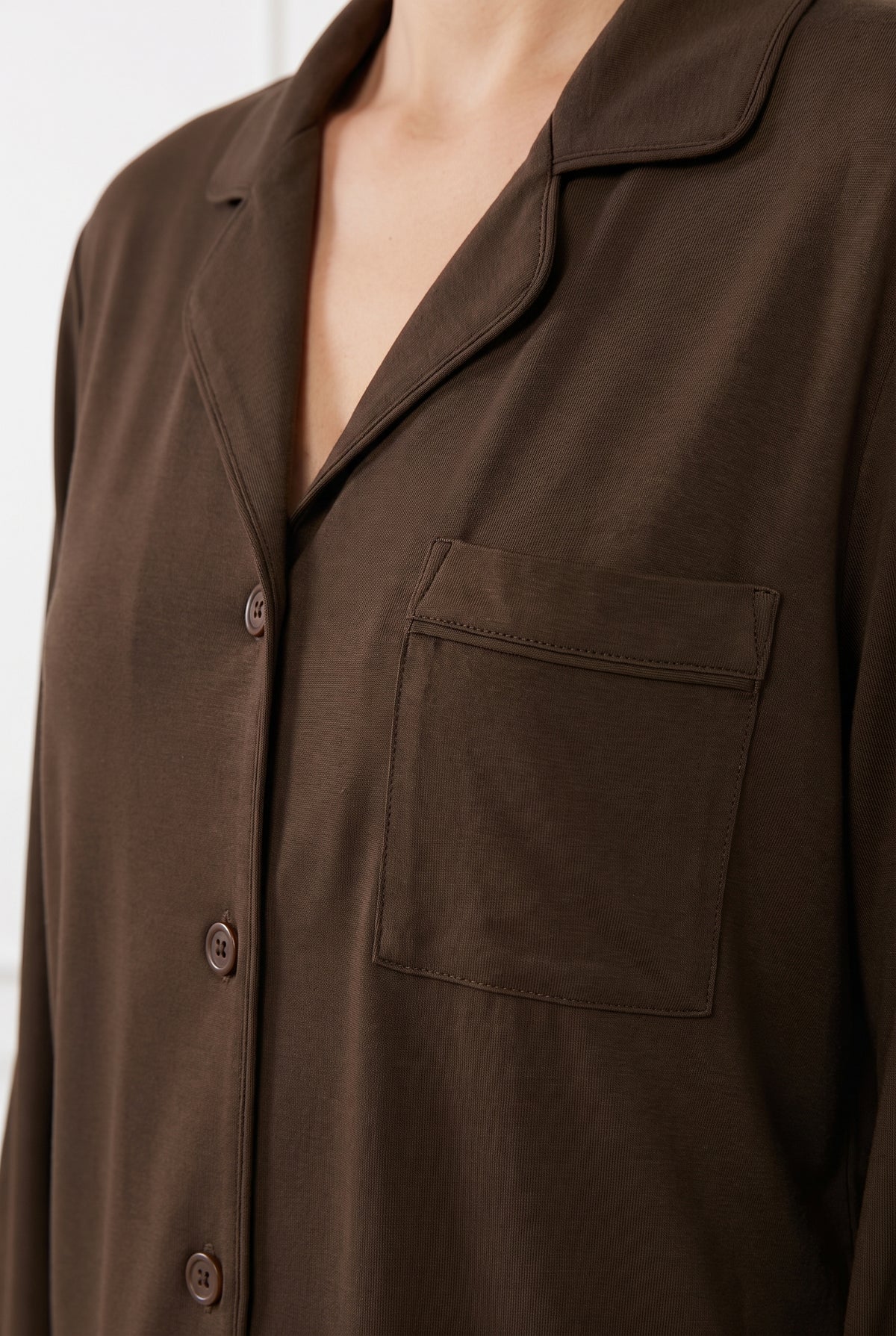 Blush Dream Set Brown - detail of collar, buttons and chest pocket