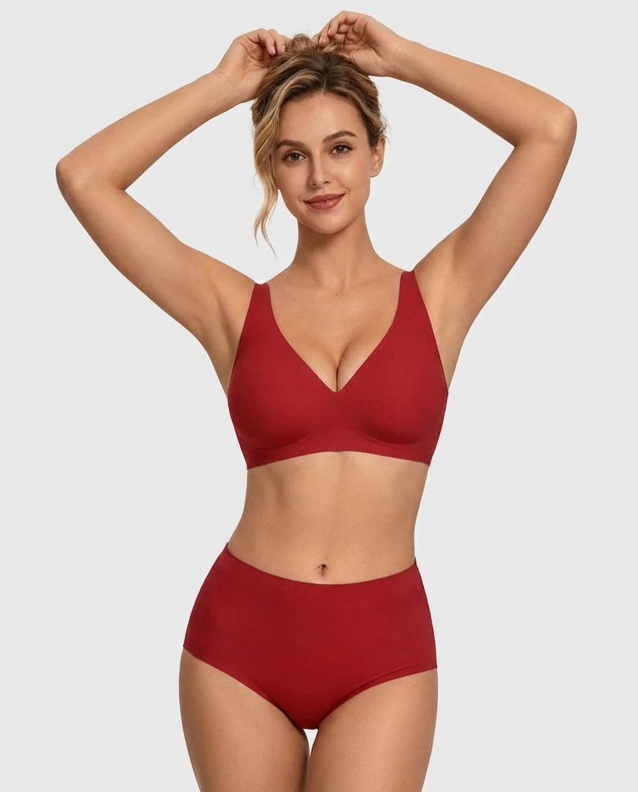 Seamless Deep-V Wireless Push-Up Bra - Red