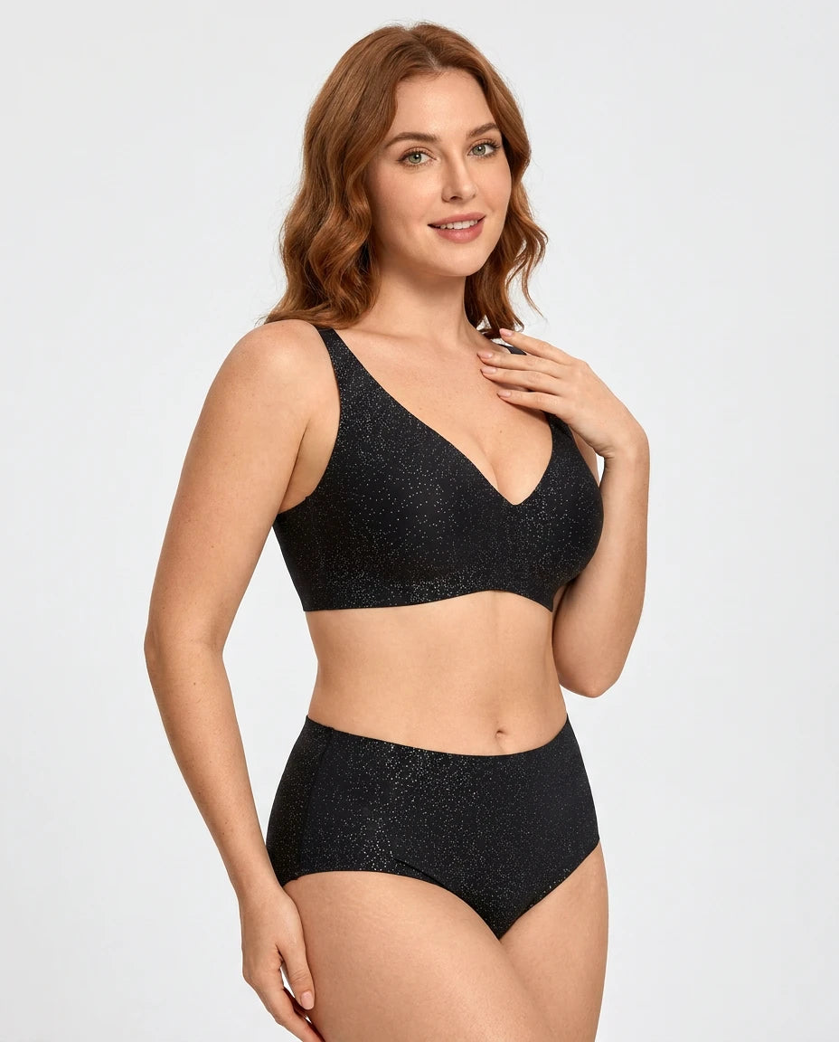 Seamless Deep-V Wireless Push-Up Bra - Black Sparkle