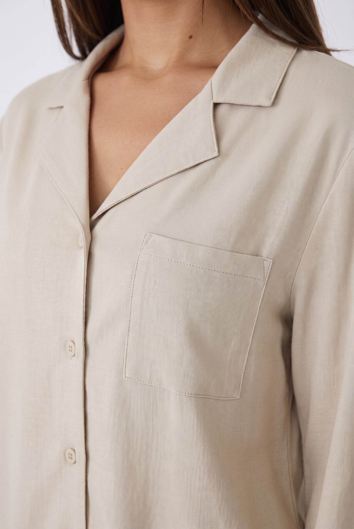 Blush Dream Set Khaki - detail of collar, buttons and chest pocket